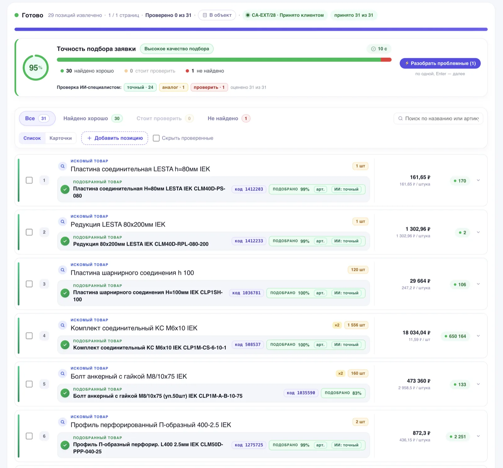 Экран Checkadvisor с результатом обработки заявки: точность подбора 95%, 30 позиций найдено хорошо, проверка ИИ-специалистом, список позиций с оценками, ценами и остатками